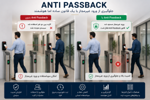 اینفوگرافیک قابلیت Anti Passback در سیستم کنترل تردد برای جلوگیری از ورود غیرمجاز با استفاده مجدد از کارت یا شناسه